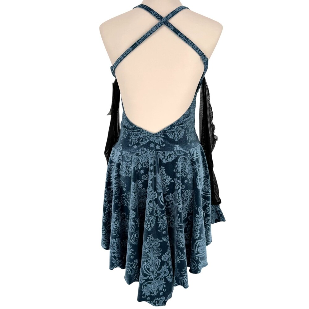 Pumpers Dance Dress L Blue Lyrical Costume Burnout Damask Mesh Sleeve Leotard - Picture 8 of 12